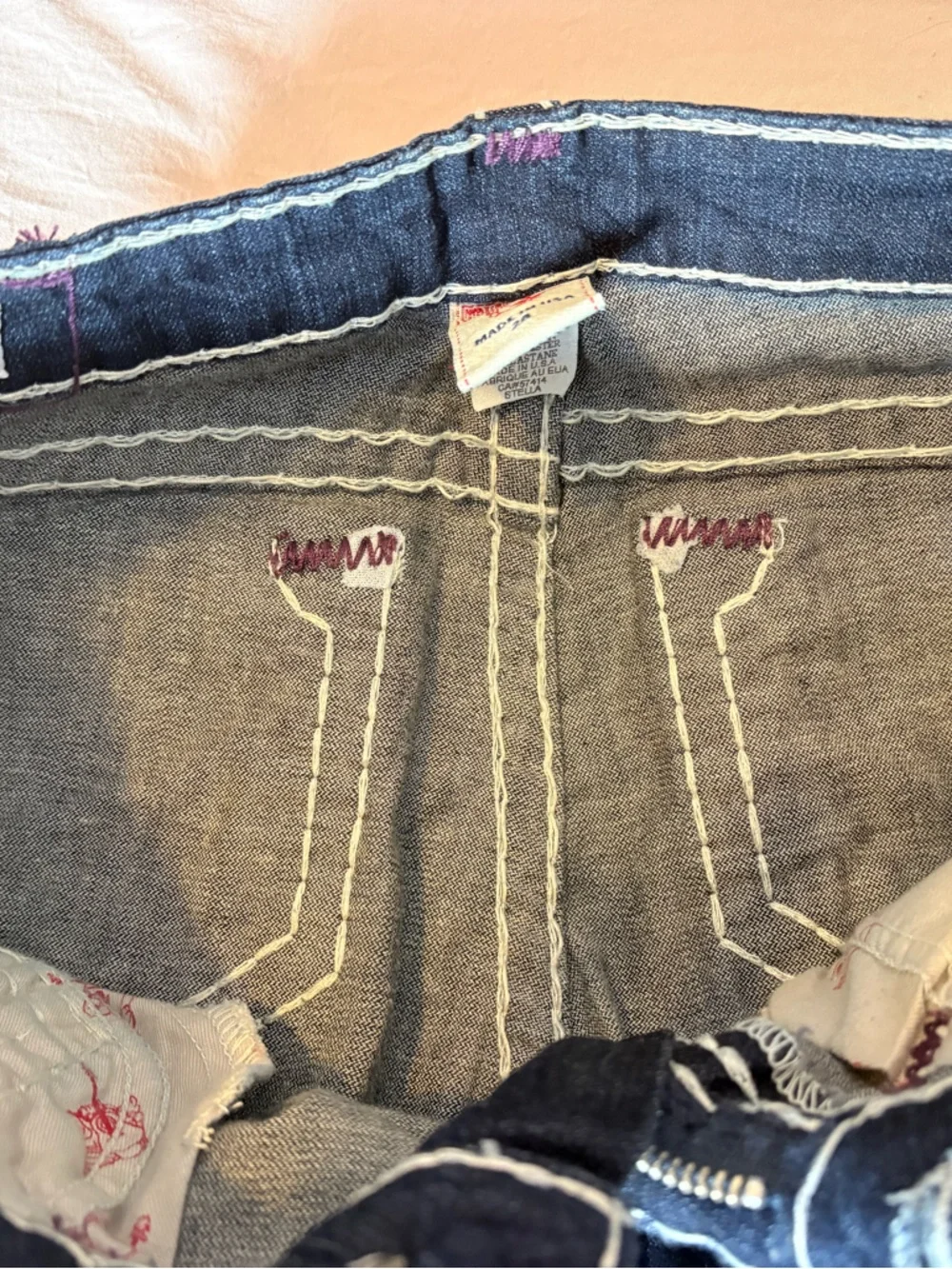 True Religion Dark Blue Skinny Jeans with White Stitching and Purple Patch - Picture 7 of 12